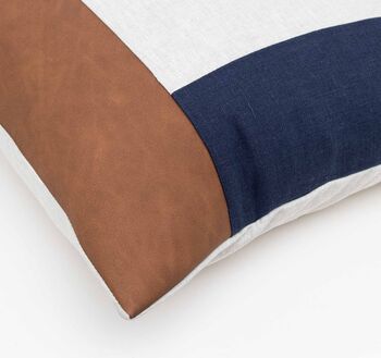 Geometric Pillowcase Navy Linen And Tan Faux Leather, 2 of 9