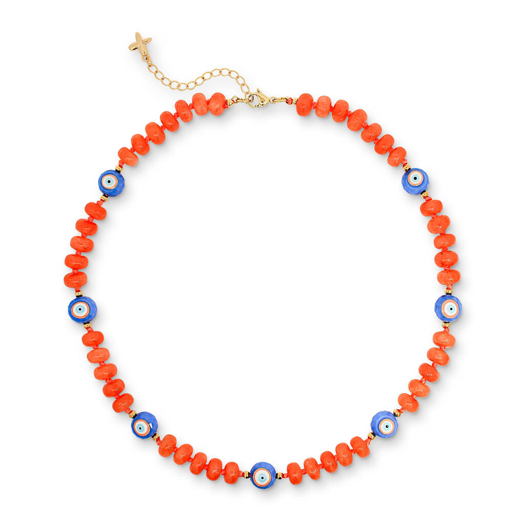Orange Lilac Evil Eye Jade Stone Beaded Charm Necklace