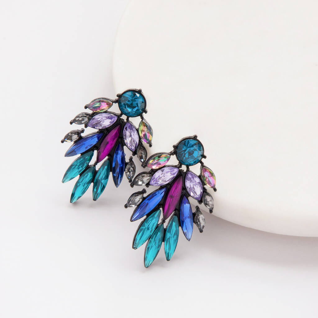 Peacock Colour Crystal Leaf Drop Earrings, 1 of 5