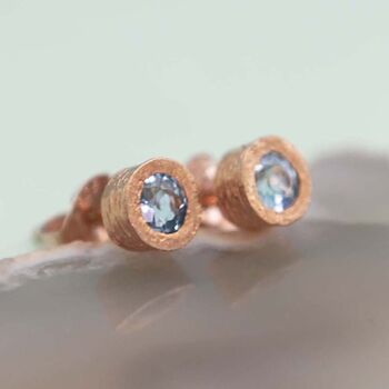 Blue Topaz Birthstone Rose/ Gold Plated Silver Stud Earrings, 2 of 6