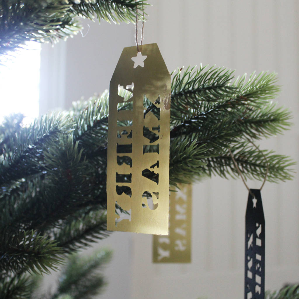 Six Merry Xmas Metal Tree Decorations By Lime Tree London