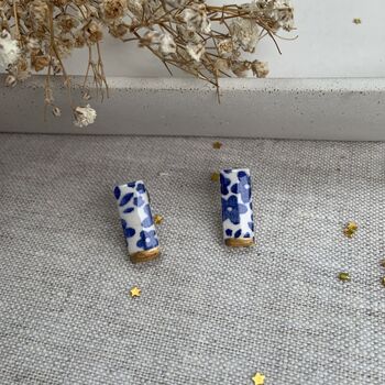 Blue And Gold Flower Print Ceramic Bar Stud Earrings, Minimalist Rectangular Studs, 4 of 8