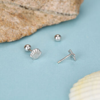 Sterling Silver Starfish And Shell 18 G Screw Back Stud Earrings, 3 of 12