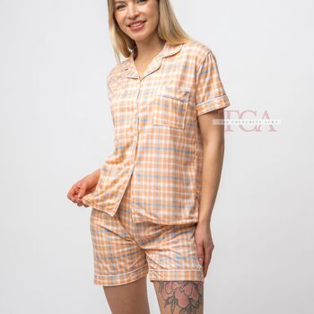 Orange White Plaid Soft Cotton Night Short Pyjama Set, 3 of 6