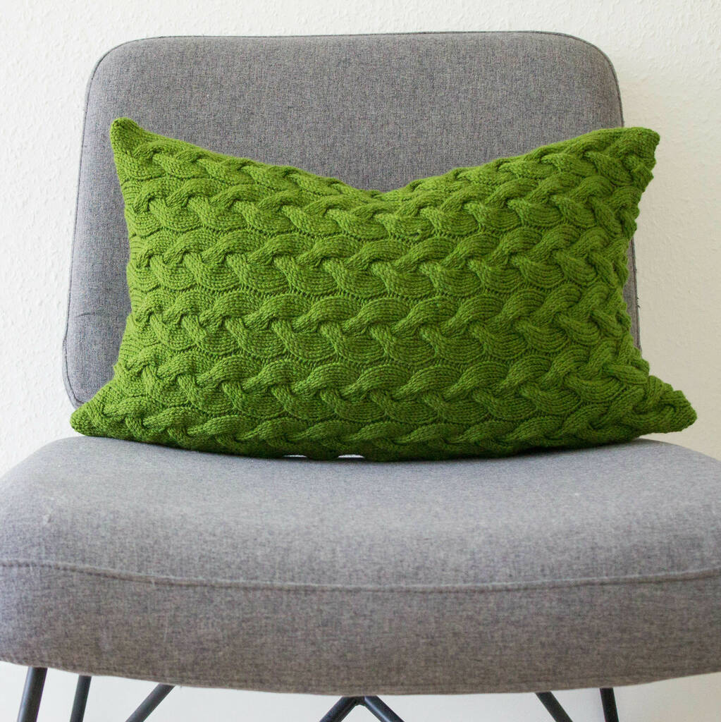 Hand Knit Lattice Cable Cushion In Emerald, 1 of 5
