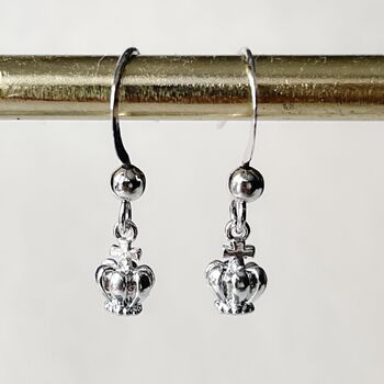 Tiny Crown Earrings Rhodium Plated Hook Earrings Gift, 4 of 5