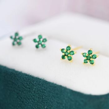 Sterling Silver Emerald Green Flower Cz Stud Earrings, 5 of 12