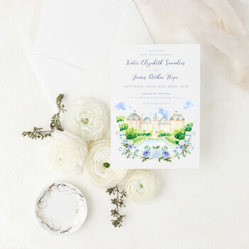 Dusty Blue Wedding Invitations With Venue Painting, 4 of 4