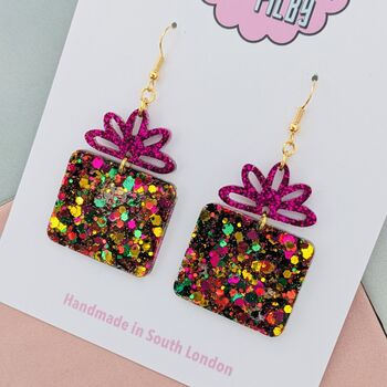 Pink And Gold Christmas Present Glitter Resin Earrings, 3 of 4