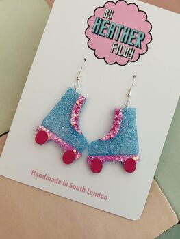 Blue And Pink Roller Skate Earrings / Disco Ball Sparkle Jewellery Skating Gift / Skate Lover Gift / 80s Disco Aesthetic Jewellery, 5 of 5