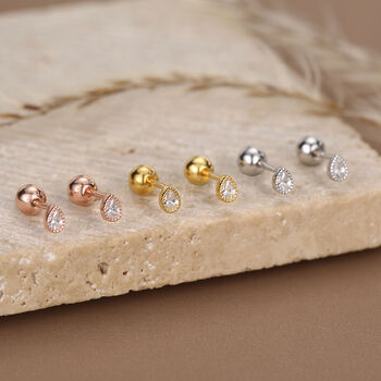 Sterling Silver Tiny Teardrop Cz 18 G Screw Back Earrings, 2 of 12