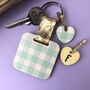 Personalised Teal Gingham Print Wooden Keyring, thumbnail 4 of 6