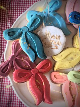 Hand Iced Personalised Multi Coloured Christmas Bows Biscuit Gift Box, 8 of 8