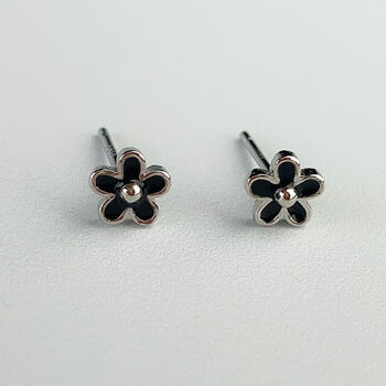 Sterling Silver Tiny Black Or White Flower Stud Earrings, 3 of 9