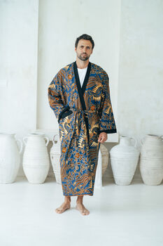 Royal Blue Men's Full Length Batik Kimono Robe, 3 of 5