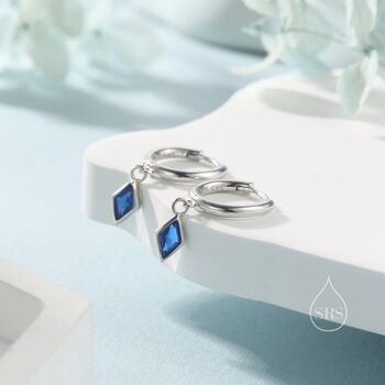 Very Tiny Rhombus Sapphire Blue Cz Huggie Hoop In Sterling Silver, 2 of 12