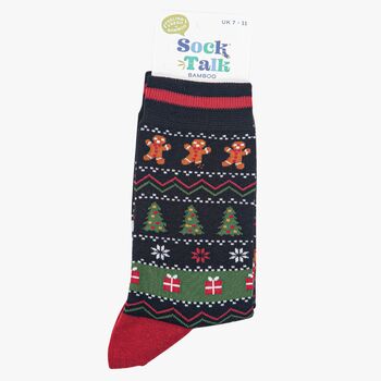 Gingerbread Christmas Fair Isle Bamboo Socks Men's Black, 4 of 4