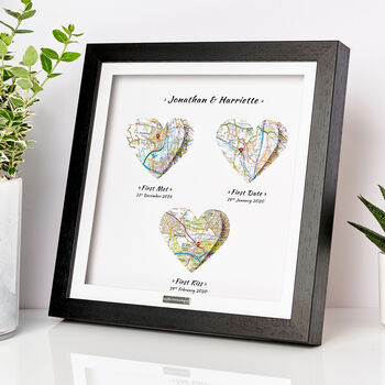 Personalised 3D Heart Map Milestone Locations Framed Wedding Print Gift, 10 of 12