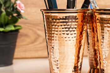 Handmade Copper Cutlery And Pencil Holder – Copper Desk Organizer, Golden Brass Handle Details, 5 of 7