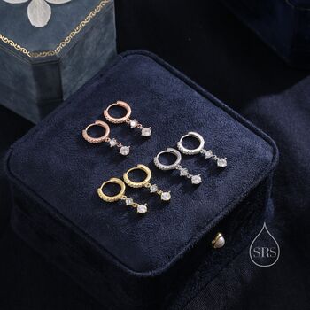 Double Cz Dangle Huggie Hoop In Sterling Silver, 2 of 10