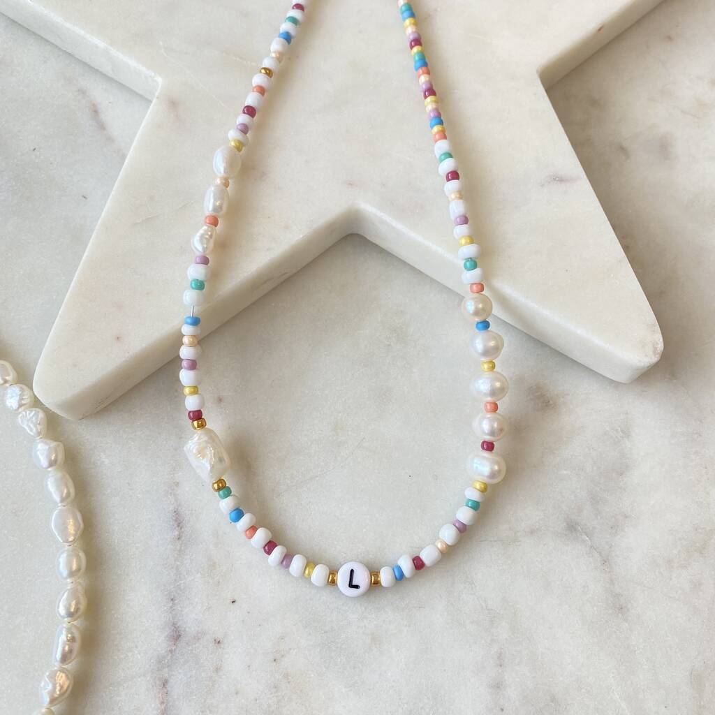 Personalised Beaded Necklace With Pearls By The Lovely Edit