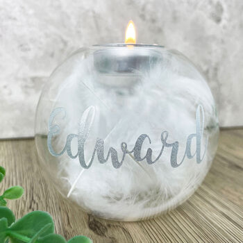 Personalised 'Feathers Appear' Feather Filled Glass Memorial Tea Light Holder, 2 of 6