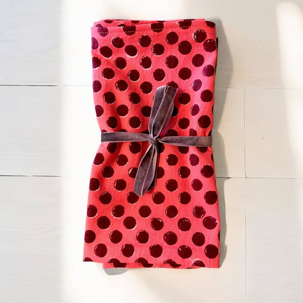 Set Of Two Hand Polka Dot Napkins In Peach Pink, 1 of 3