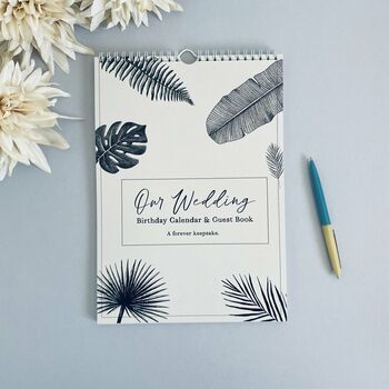Tropical Leaf Wedding Guest Book Birthday Calendar, 2 of 7