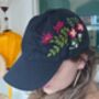 Black Cotton Cap With Hand Embroidered Flower, thumbnail 1 of 5