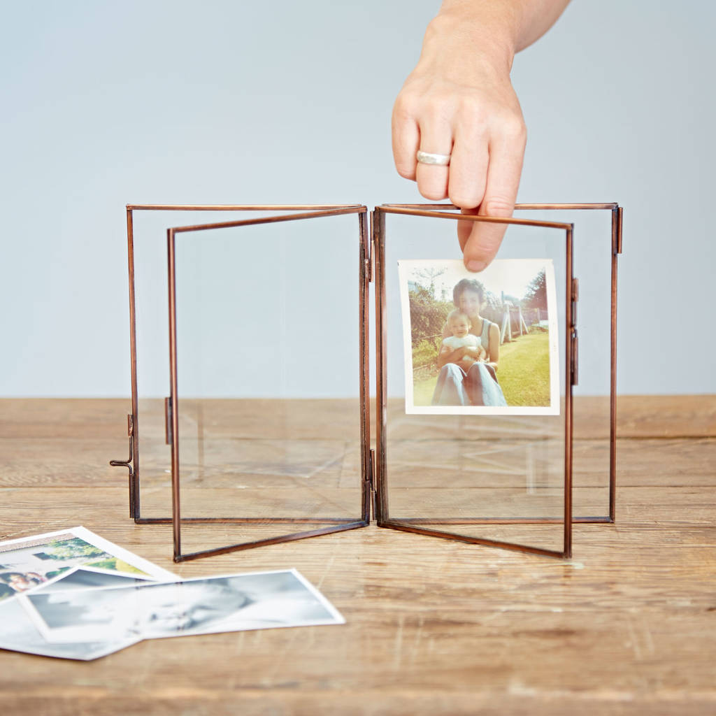 Antique Brass Recycled Glass Folded Double Photo Frame By Paper High