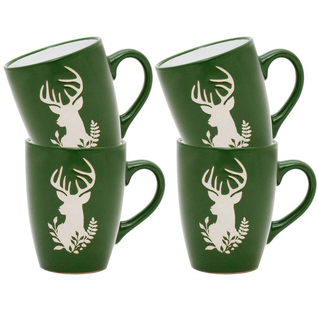 Set Of Four Festive Green And White Reindeer Mugs By Dibor