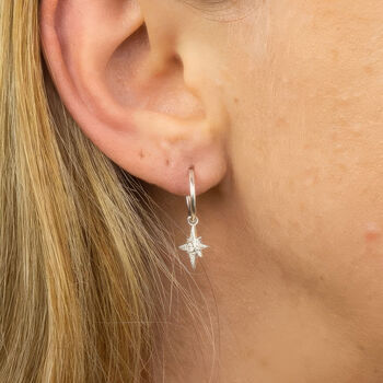 Sterling Silver Star Charm Sleeper Hoop Earrings, 2 of 9