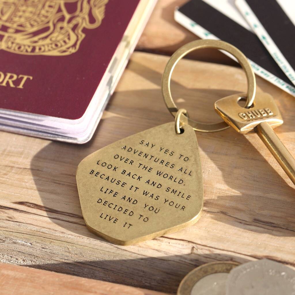 'Say Yes To Adventure' Antiqued Brass Keyring, 1 of 3