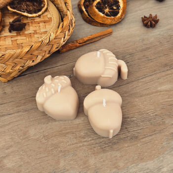 Set Of Three Beige Acorn Shaped Autumn Candles, 2 of 10