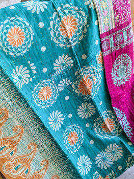 Mini Kantha Quilt Vintage Sari Throw Blankets, Handmade, 5 of 12
