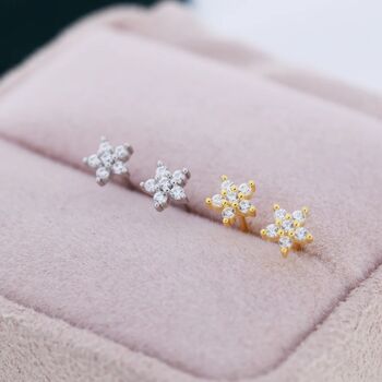 Tiny Cz Flower Stud Earrings In Sterling Silver, 2 of 12