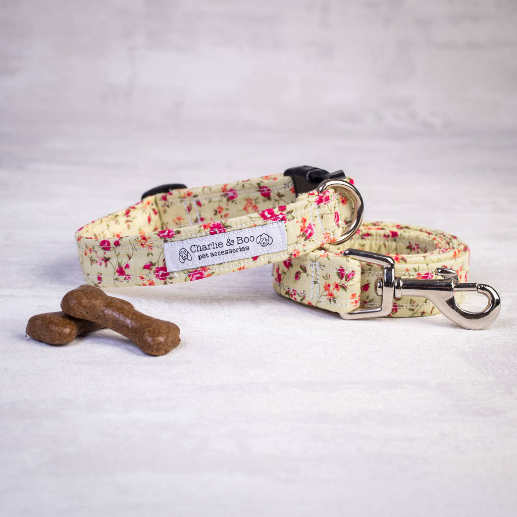 pink floral dog collar and lead for girl or boy dogs by charlie and boo