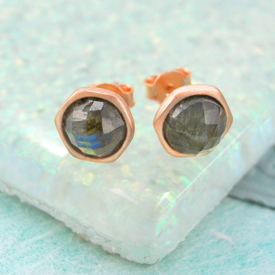 Labradorite Gemstone Rose/Gold Plated Stud Earrings By Embers