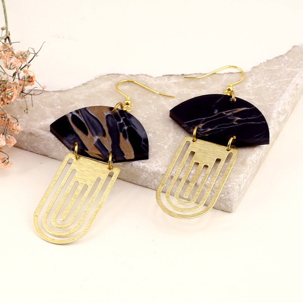 Black Brass Art Deco Acrylic Gold Plated Fan Drop Earrings, 1 of 3