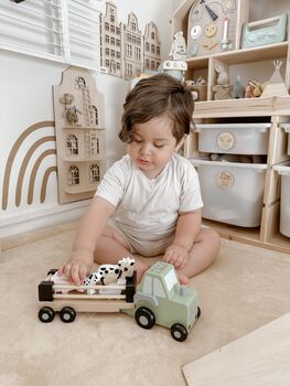 Personalised Wooden Farm Tractor Toy With Trailer And Animals, 9 of 12