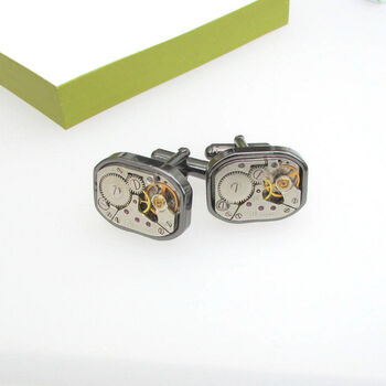 Gunmetal Rectangle Vintage Watch Cufflinks, 2 of 2