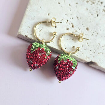 Strawberry Rhinestone Gold Plated Hoop Earrings, 2 of 6
