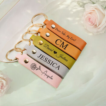 Personalised Leather Keyring With Birth Flower And Name – Custom Birthday Gift, 2 of 8
