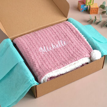 Personalised Dusty Pink Pom Pom Baby Blanket, 2 of 10