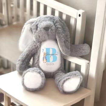 Personalised Baby Birth Boy Bunny Cushion, 2 of 3