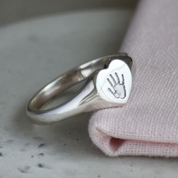 Silver Handprint Or Footprint Heart Signet Ring For Her, 2 of 4