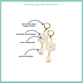18 K Gold Plated Huggie Hoops With Teardrop Pearl, Flower, And Ivory Pearl Rhinestone Dangle Earrings, 5 of 6