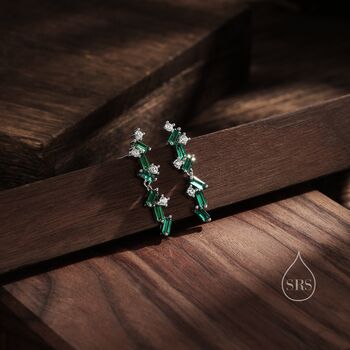 Emerald Green Cz Cluster Stud Long Drop Earrings, 6 of 11