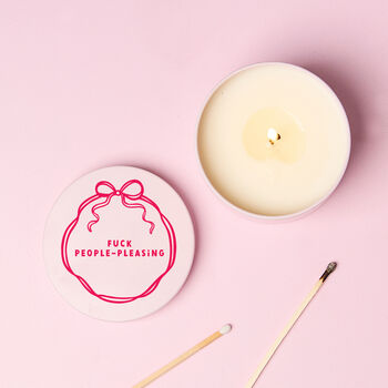 Funny Gift For Her Fuck People Pleasing Pink Tin Candle, 2 of 5