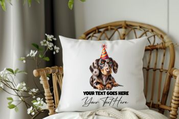 Personalised Dachshund Dappled Chocolate Birthday Party Cushion, 2 of 2